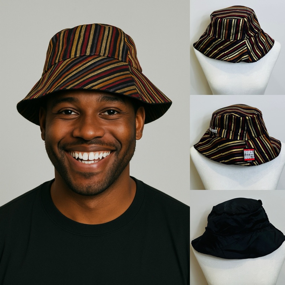 Vintage Metallic Jewel Toned Striped Hat Upcycled Fabric Size Med